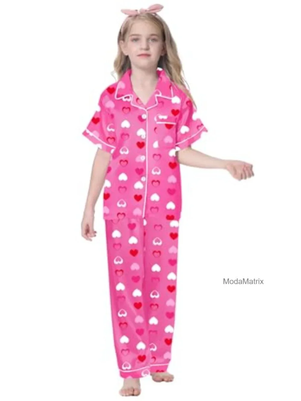 Satin Pajama Set with Button Down Top and Shorts for Girls